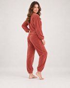 Women’s Fleece Loungewear Set with Crew Neck and Joggers in Red, three quarter body view