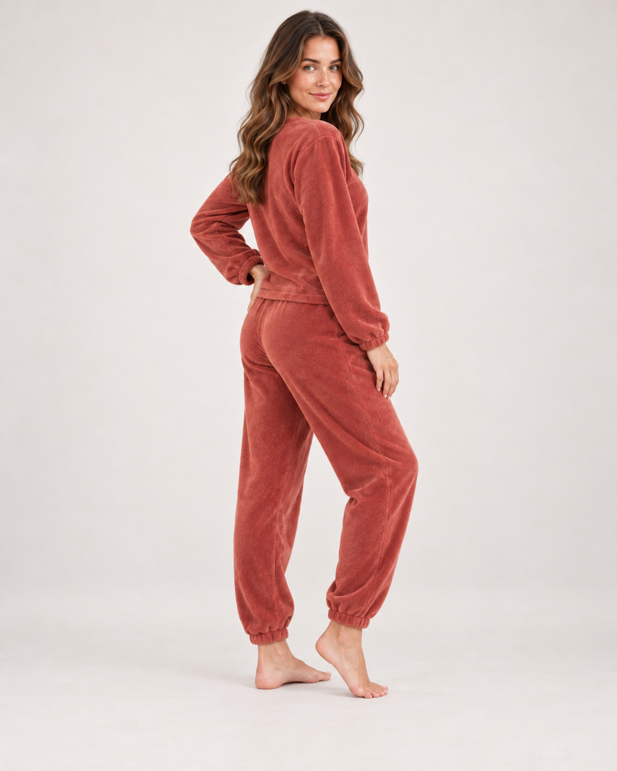 Women’s Fleece Loungewear Set with Crew Neck and Joggers in Red, three quarter body view