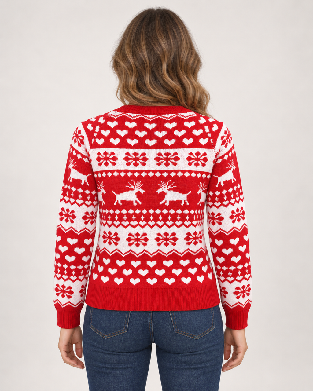 Women’s Christmas Jumper with Reindeer and Heart Pattern in Red, three quarter body view