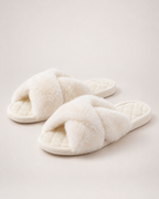 Women’s Fluffy Slippers with Cross Straps and Open Toe in White, product only view