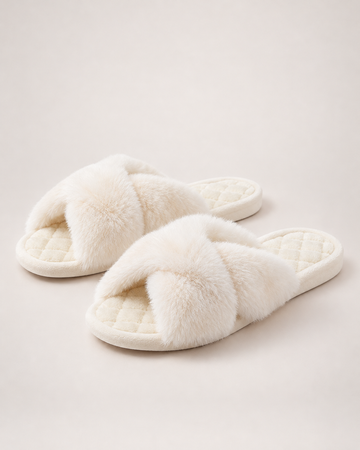 Women’s Fluffy Slippers with Cross Straps and Open Toe in White, product only view