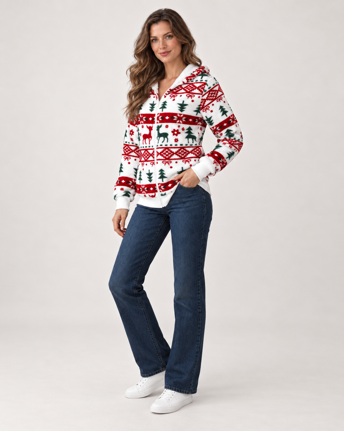 Women’s Christmas Cardigan with Hood and Zip Front in White, three quarter body view