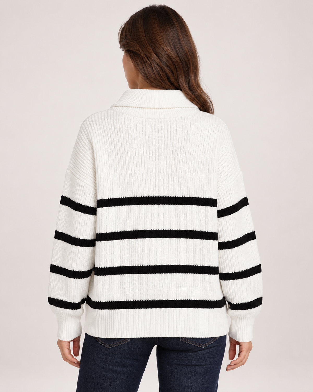 Women’s Striped Jumper with Half Zip Collar in White, three quarter body view