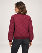 Women’s Quilted Jacket with Stand Collar in Wine Red, three quarter body view