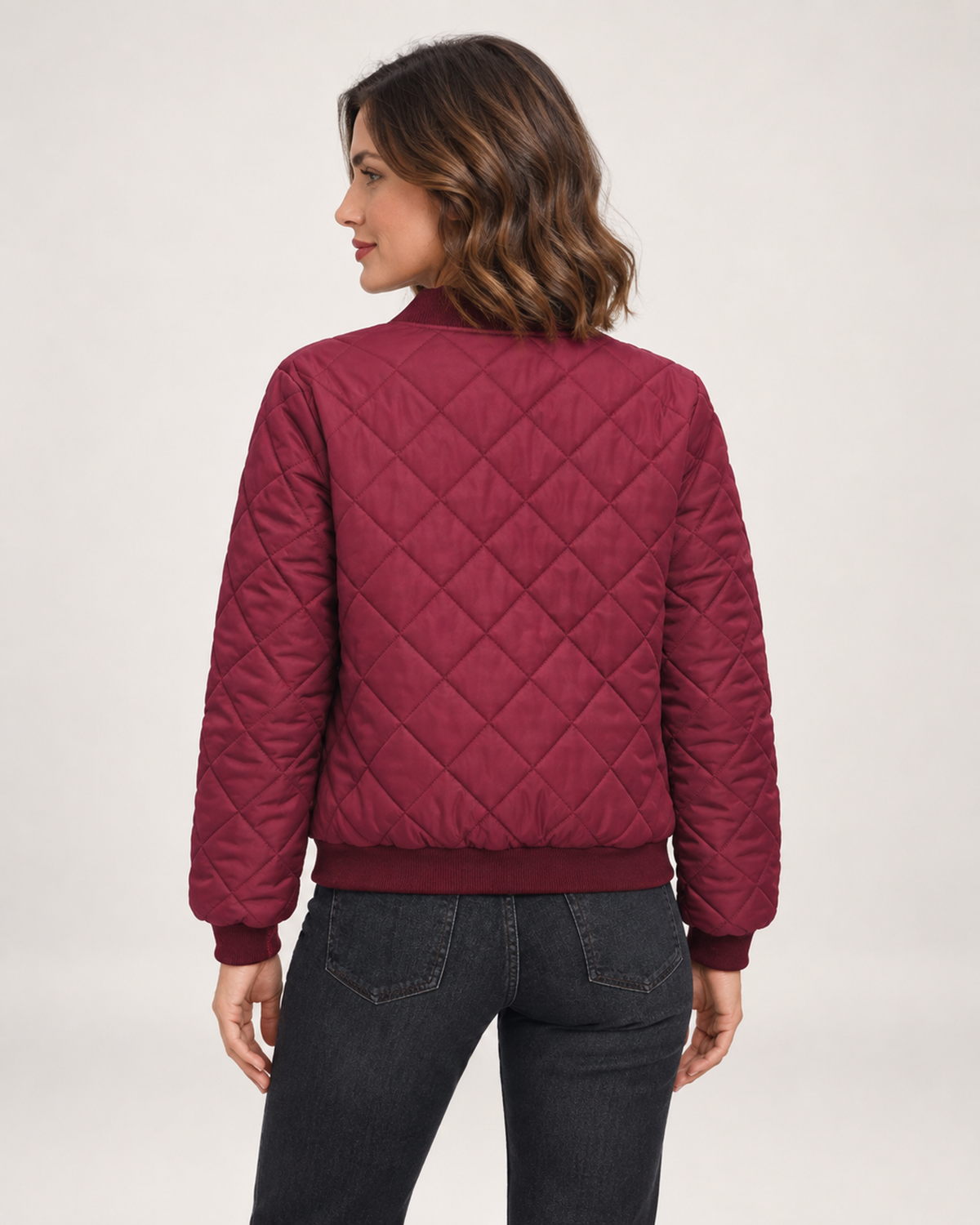 Women’s Quilted Jacket with Stand Collar in Wine Red, three quarter body view