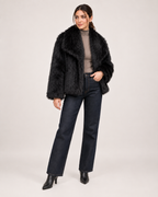 Women’s black faux fur jacket full body standing view