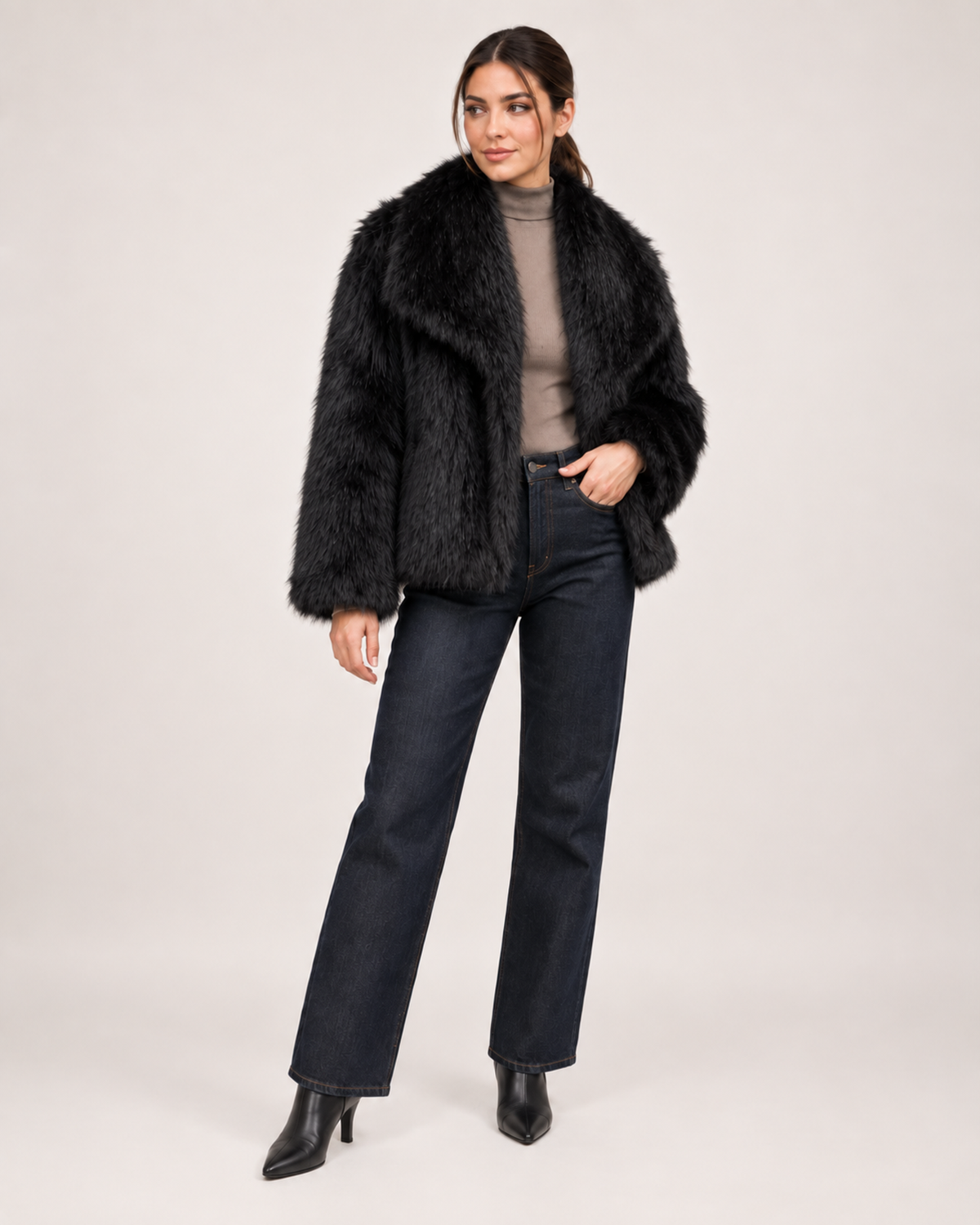 Women’s black faux fur jacket full body standing view