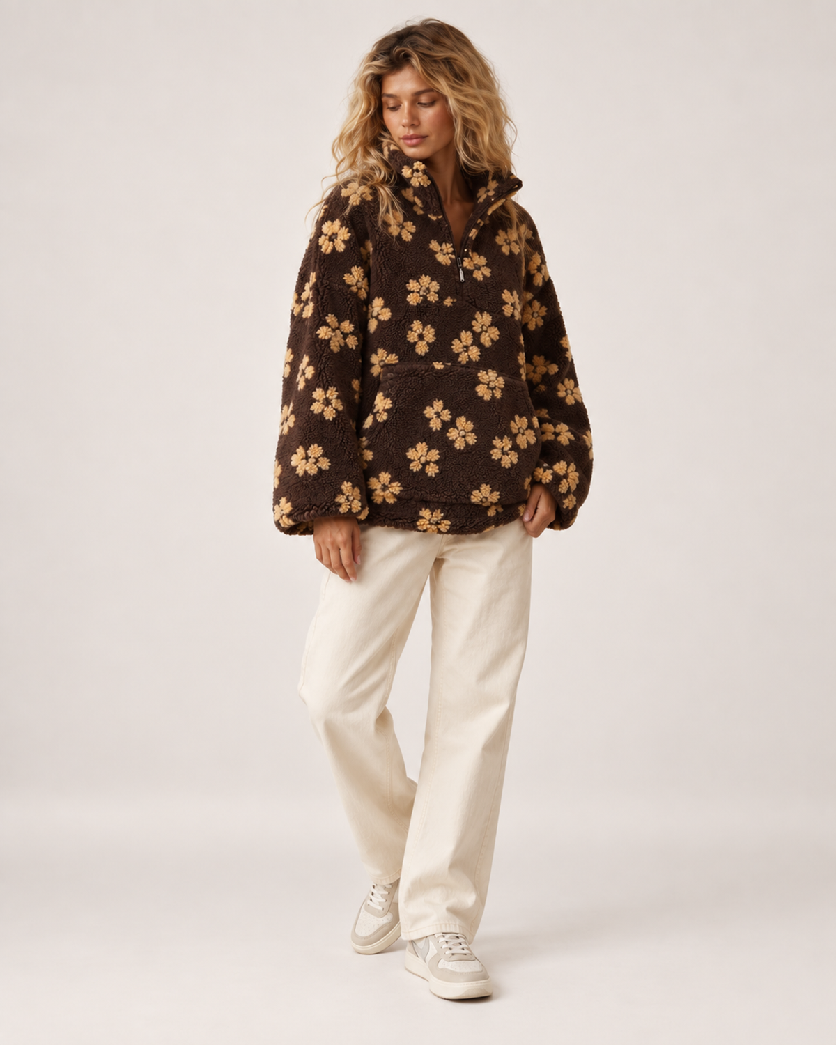 Women’s borg jacket with floral pattern and half zip full body standing view