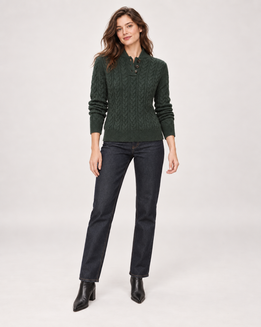Women’s green cable knit jumper full body standing view