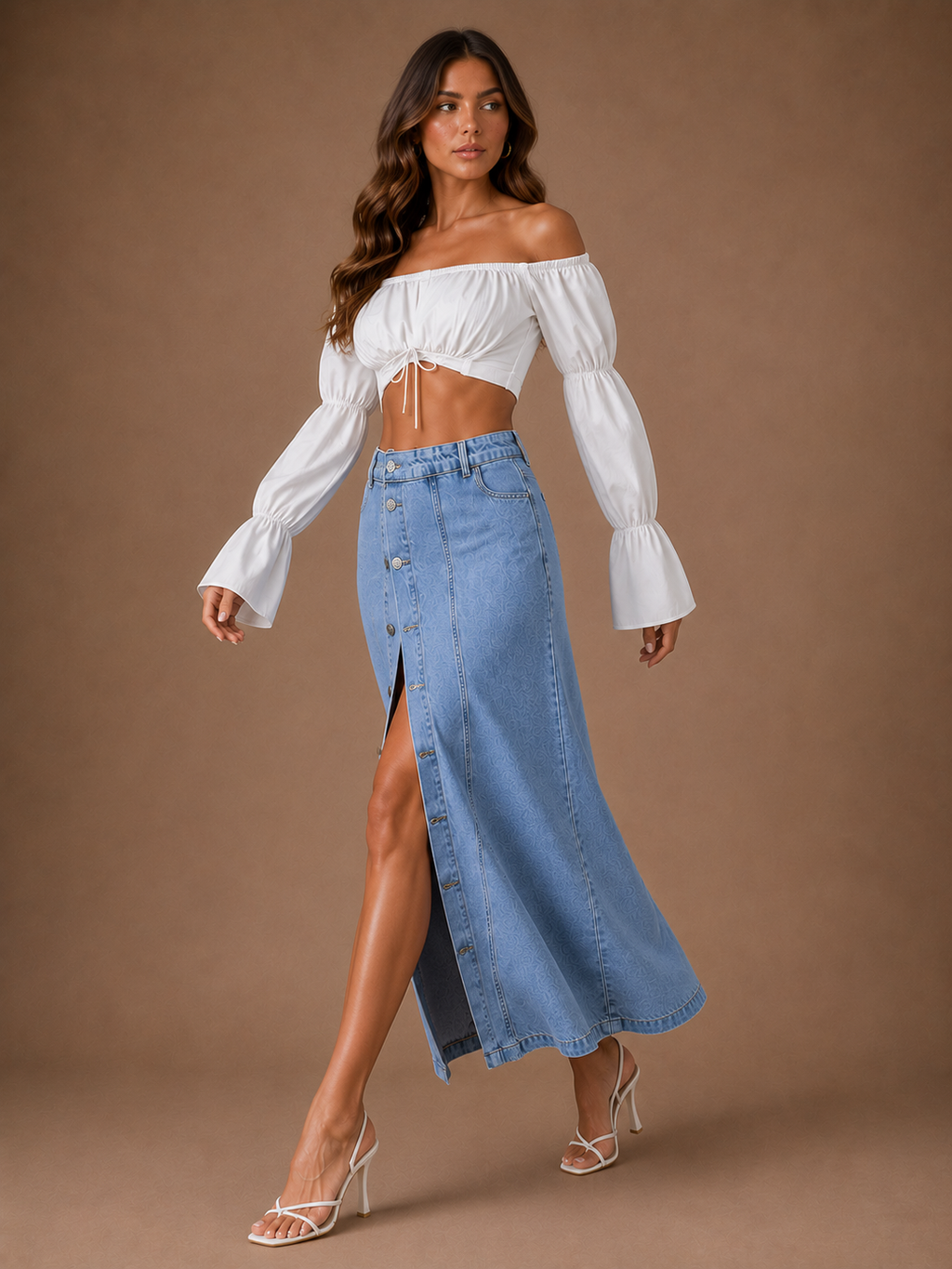 Women's High Waist Button Front Denim Midi Skirt