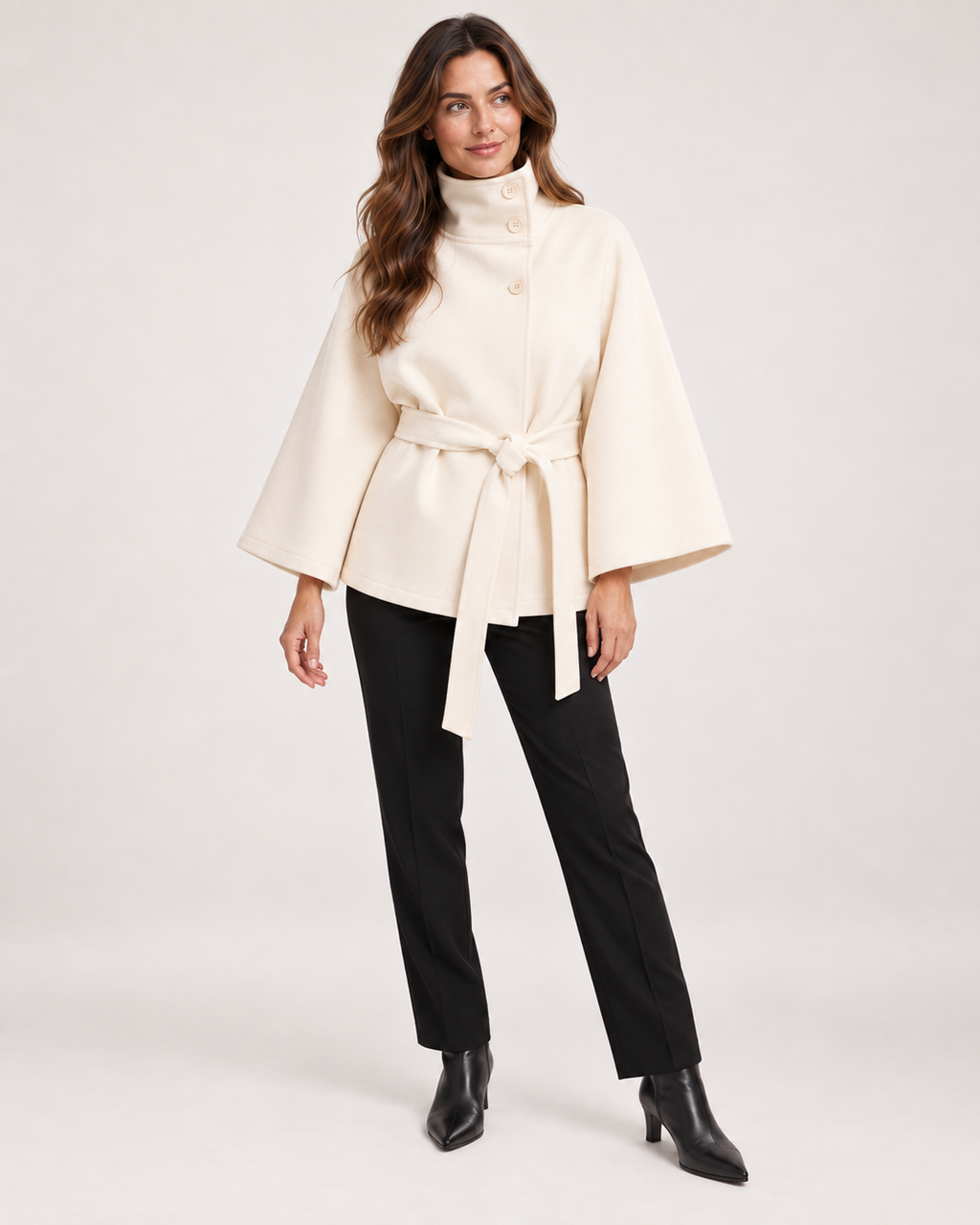 Women’s Cape Coat with Funnel Neck and Belt in Apricot, full body view