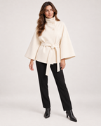 Women’s Cape Coat with Funnel Neck and Belt in Apricot, full body view