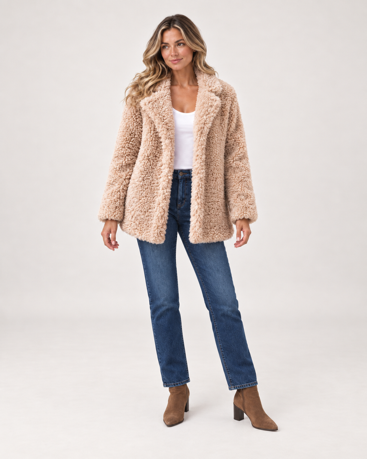 Women’s Teddy Coat with Wide Lapel Collar in Apricot, full body view