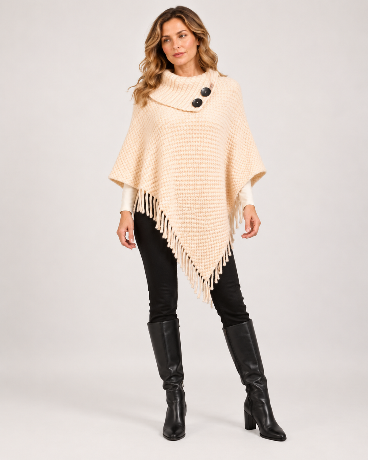 Women’s Poncho with High Neck and Button Detail in Apricot, full body view