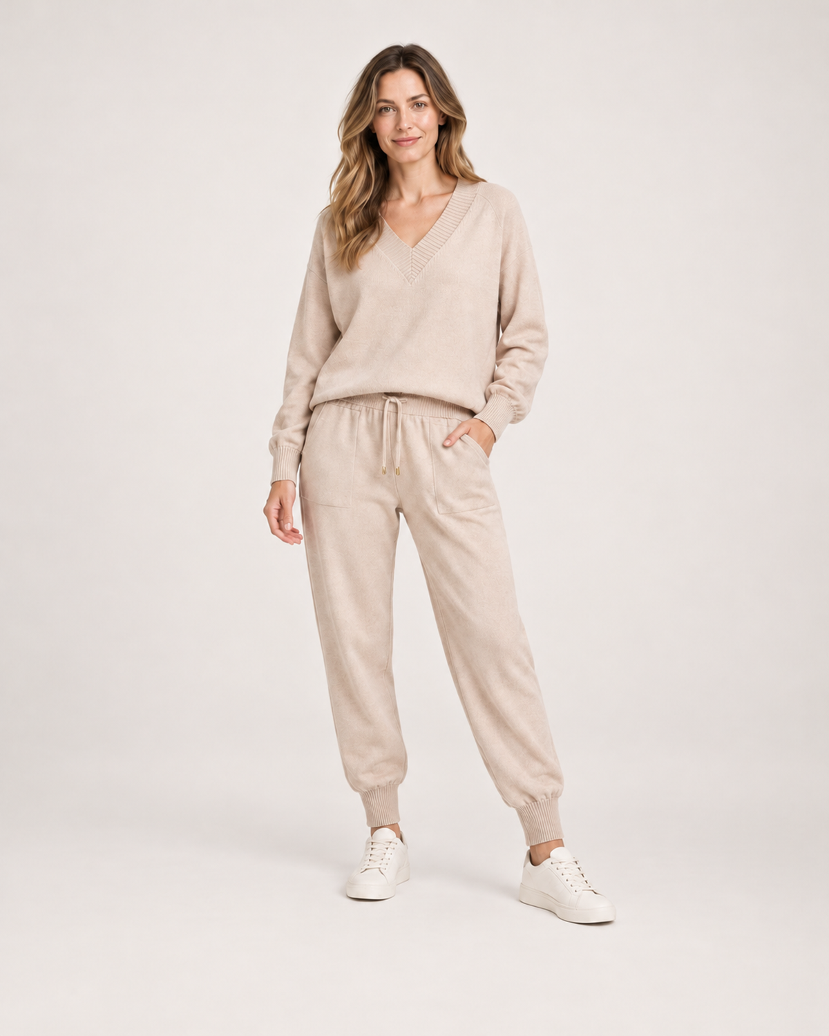 Women’s Loungewear Set with V-Neck Top and Joggers in Apricot, full body view