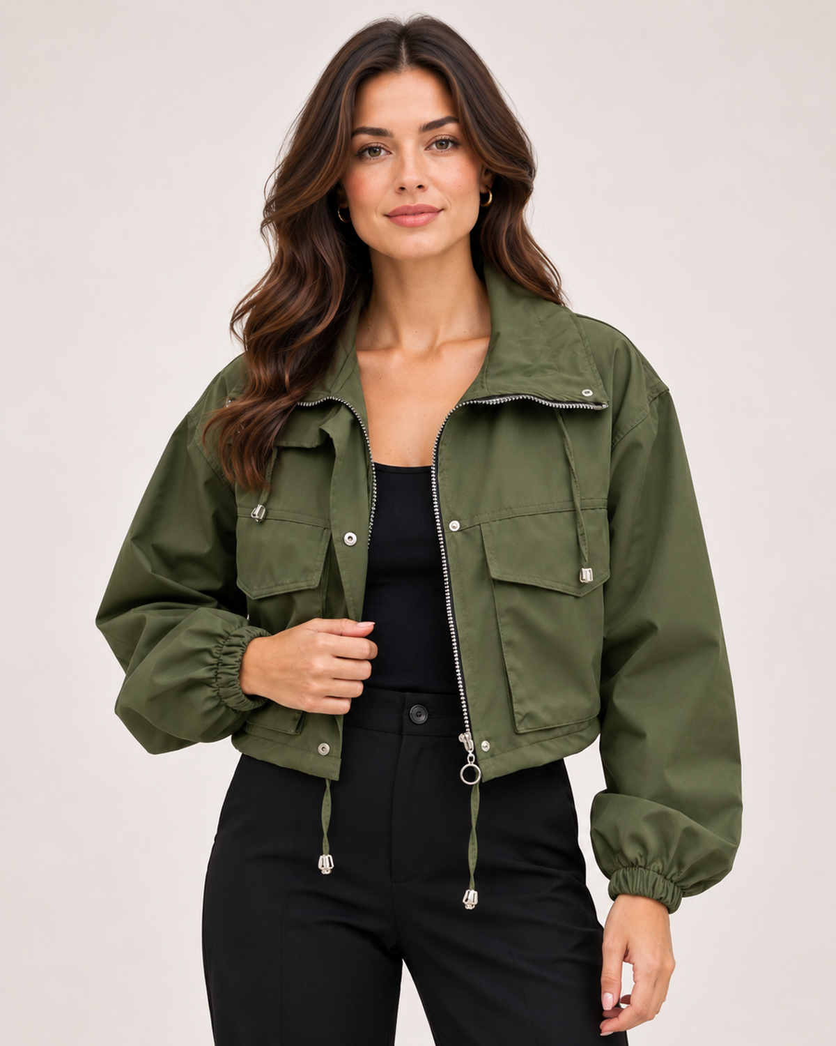 Women's Cropped Utility Jacket with Stand Collar and Chest Pockets product detail view