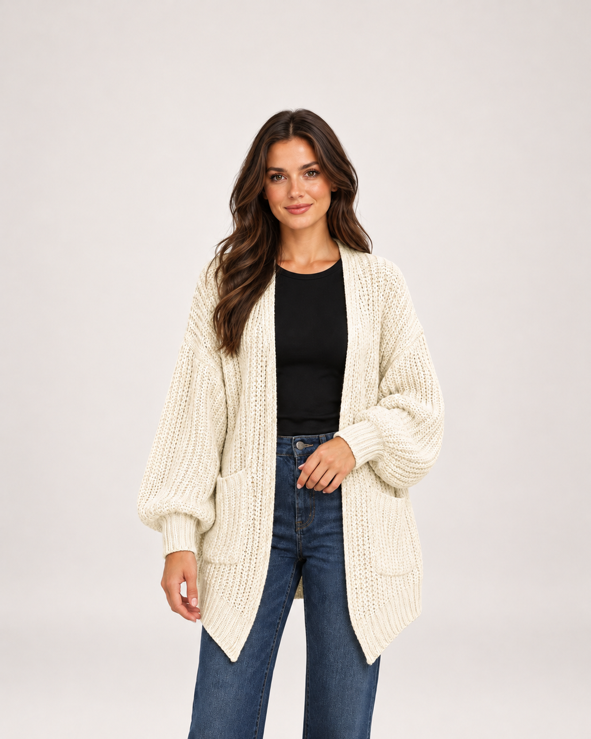 Women's Balloon Sleeve Cardigan with Chunky Knit product detail view