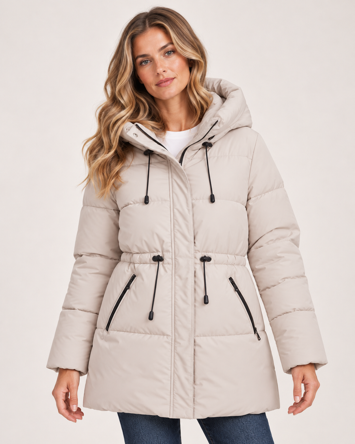 Women's Padded Coat with Hood and Drawstring Waist product detail view