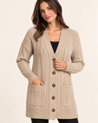 Women's beige cable knit button front coatigan product detail view
