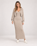 Women’s Two-Piece Set with Maxi Dress and Hooded Cardigan in Beige, full body view