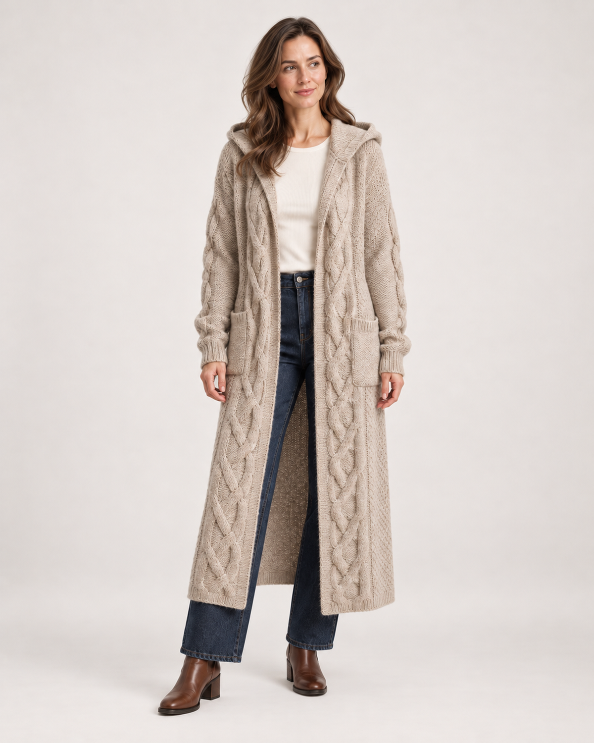 Women’s Long Cardigan with Hood and Cable Detail in Beige, full body view