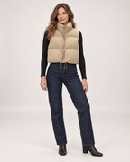 Women’s Puffer Gilet with Cropped Shape and Stand Collar in Beige, full body view