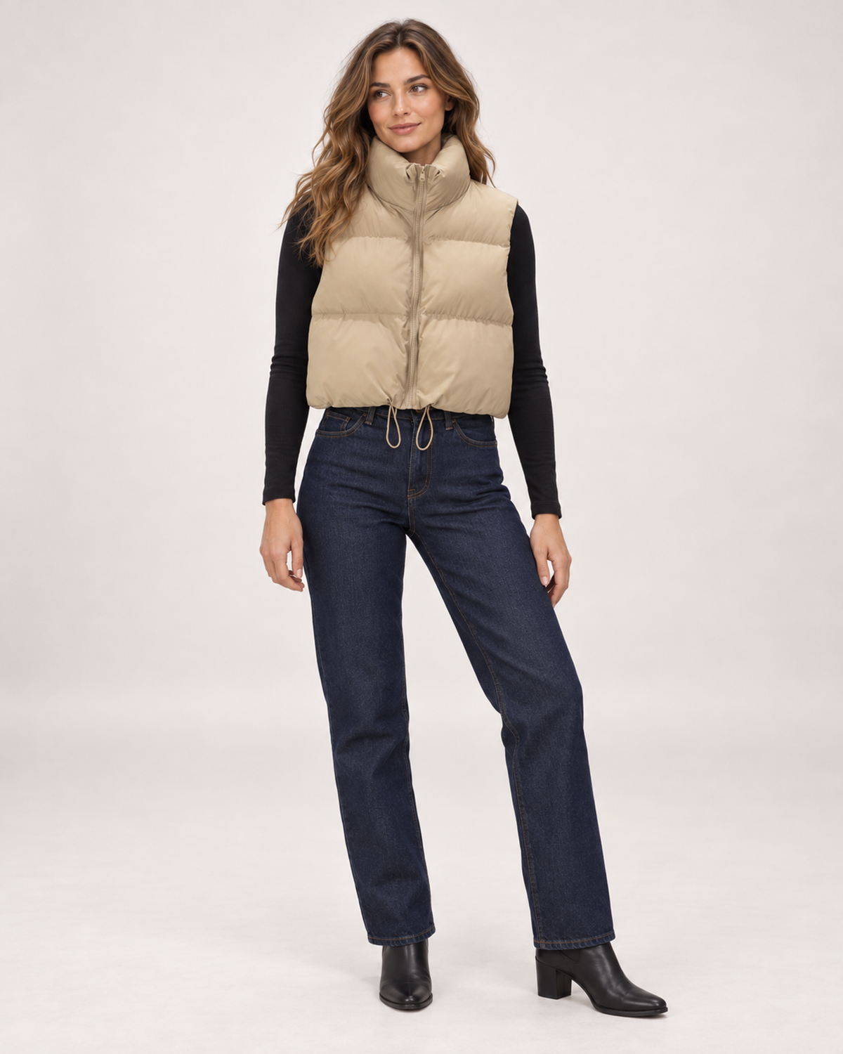 Women’s Puffer Gilet with Cropped Shape and Stand Collar in Beige, full body view