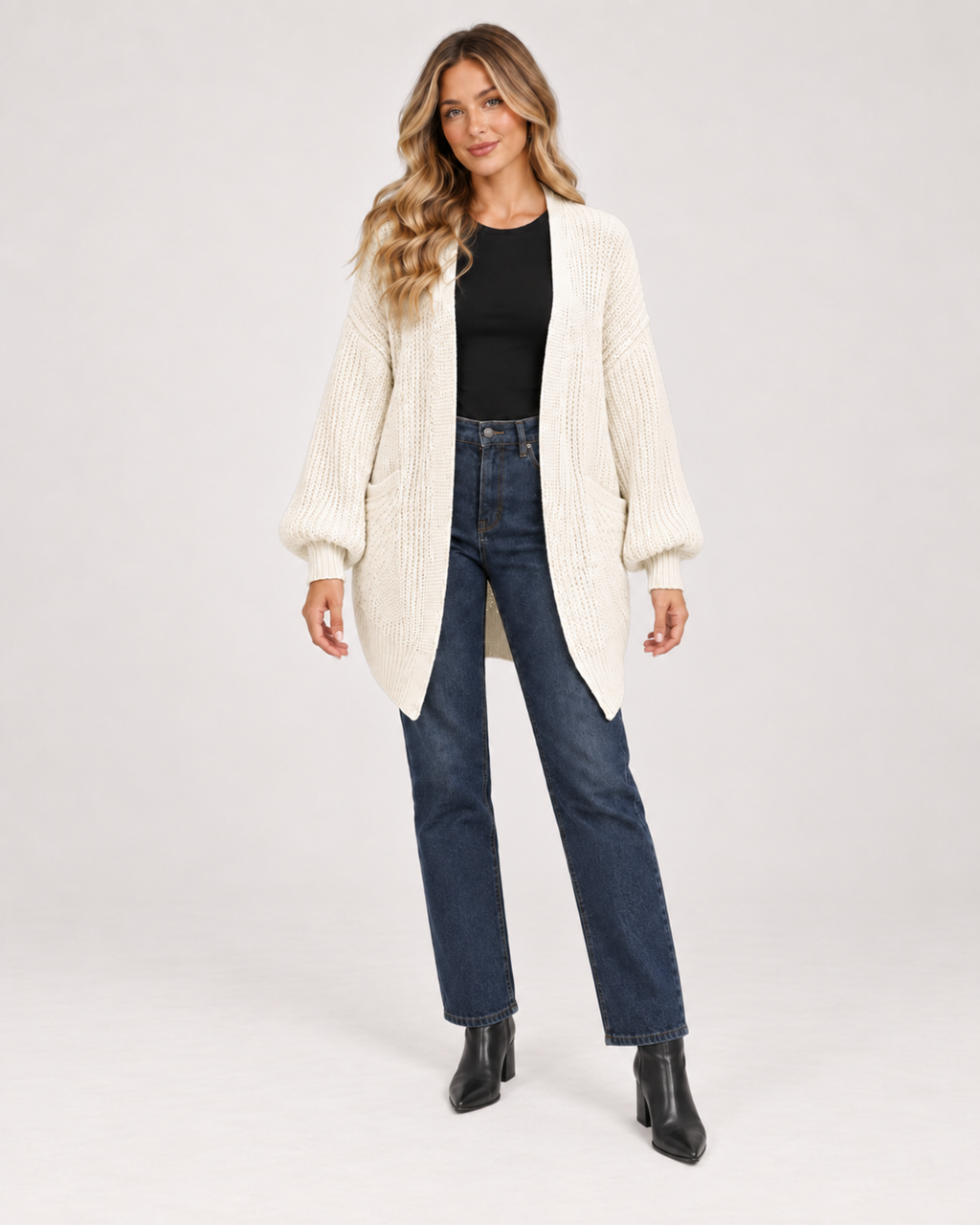 Women’s Balloon Sleeve Cardigan with Chunky Knit in Beige, full body view