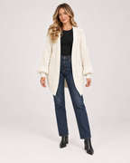 Women’s Balloon Sleeve Cardigan with Chunky Knit in Beige, full body view