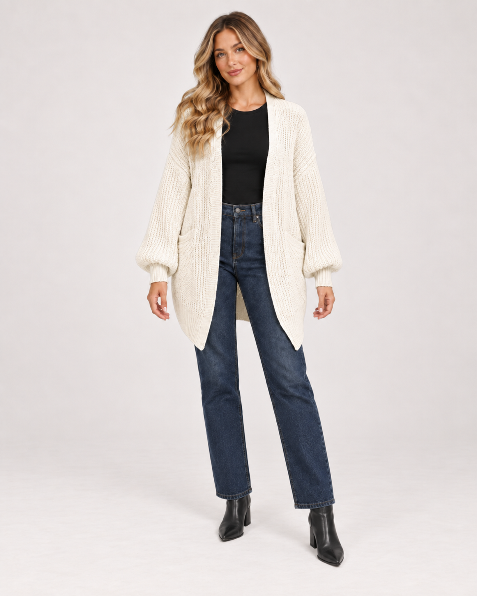 Women’s Balloon Sleeve Cardigan with Chunky Knit in Beige, full body view