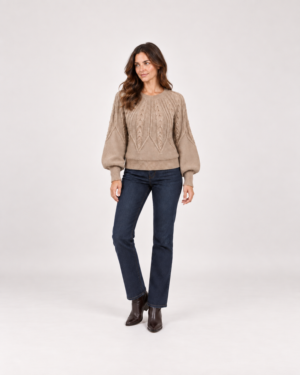 Women’s Cable Knit Jumper with Balloon Sleeves in Beige, full body view