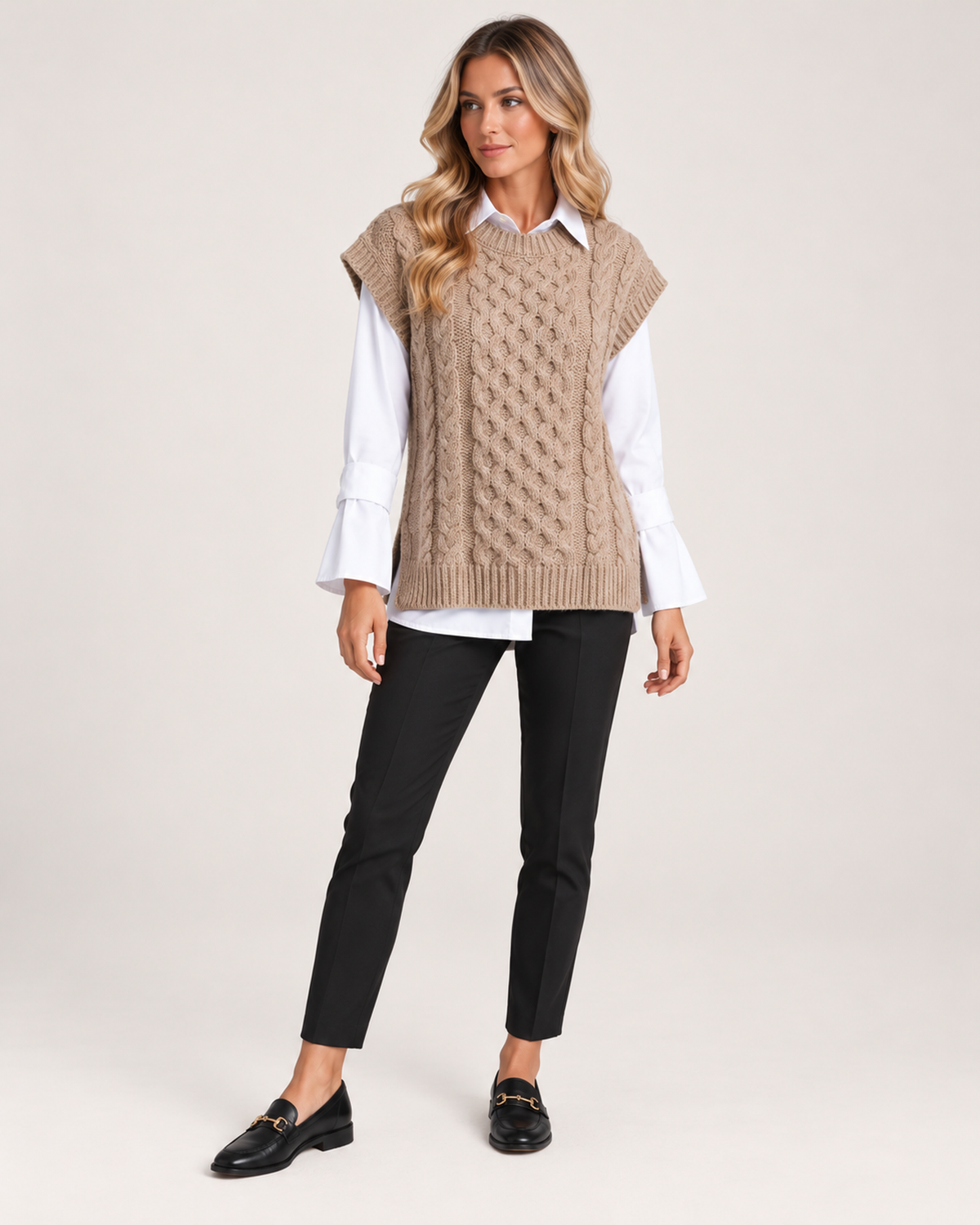 Women’s Knitted Vest with Longline Shape and Cable Detail in Beige, full body view