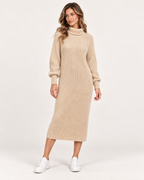 Women’s Jumper Dress with Roll Neck and Ribbed Finish in Beige, full body view