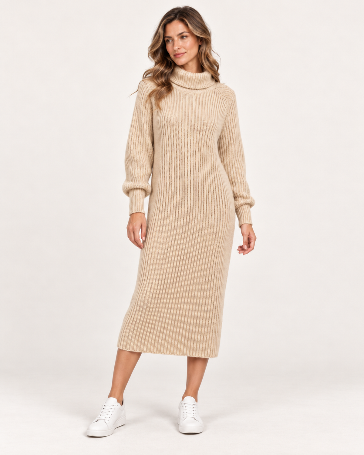 Women’s Jumper Dress with Roll Neck and Ribbed Finish in Beige, full body view