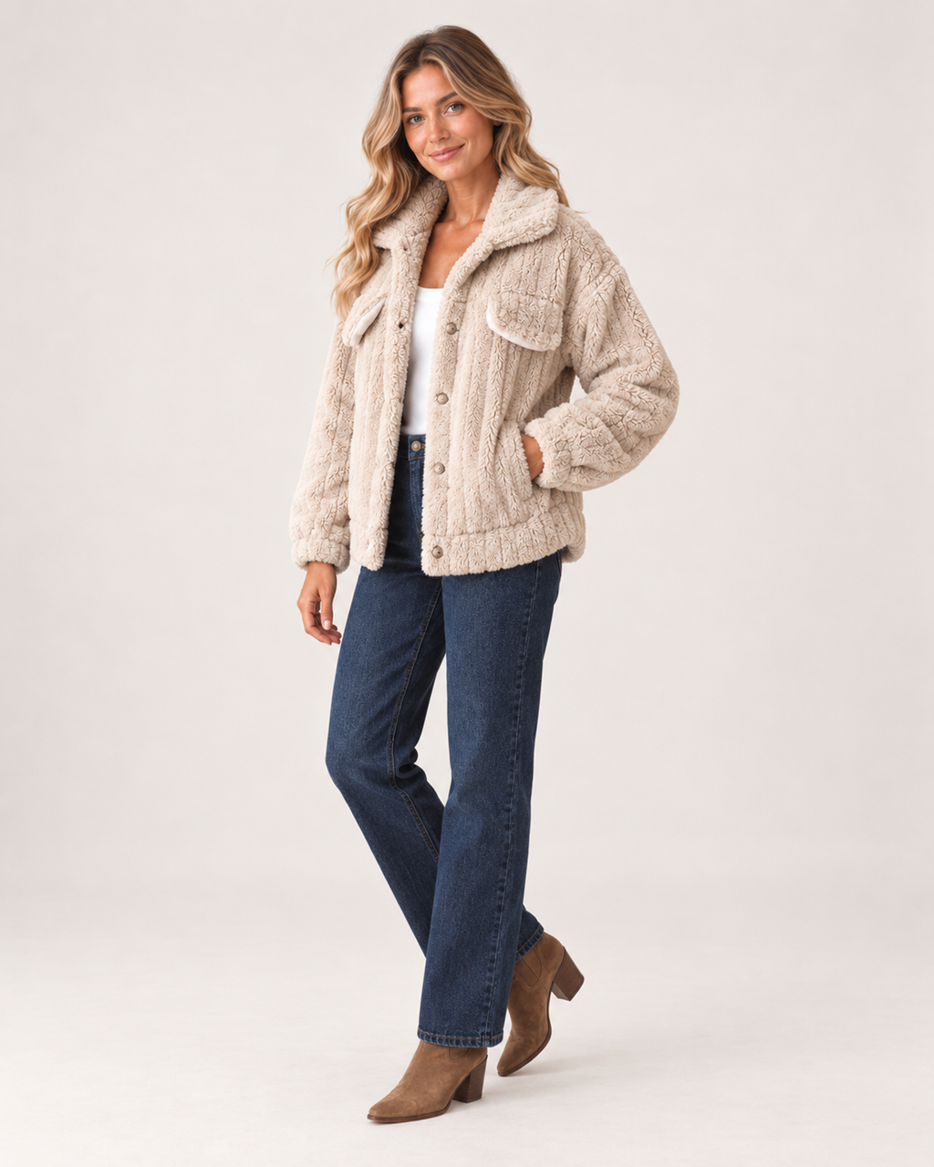 Women’s Borg Jacket with Collar and Chest Pockets in Beige, full body view