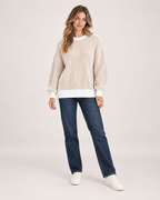 Women’s Striped Jumper with Contrast Trim in Beige, full body view
