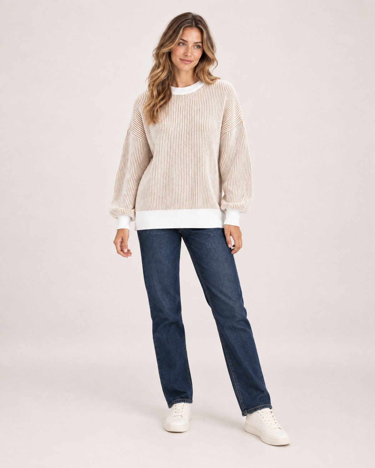 Women’s Striped Jumper with Contrast Trim in Beige, full body view