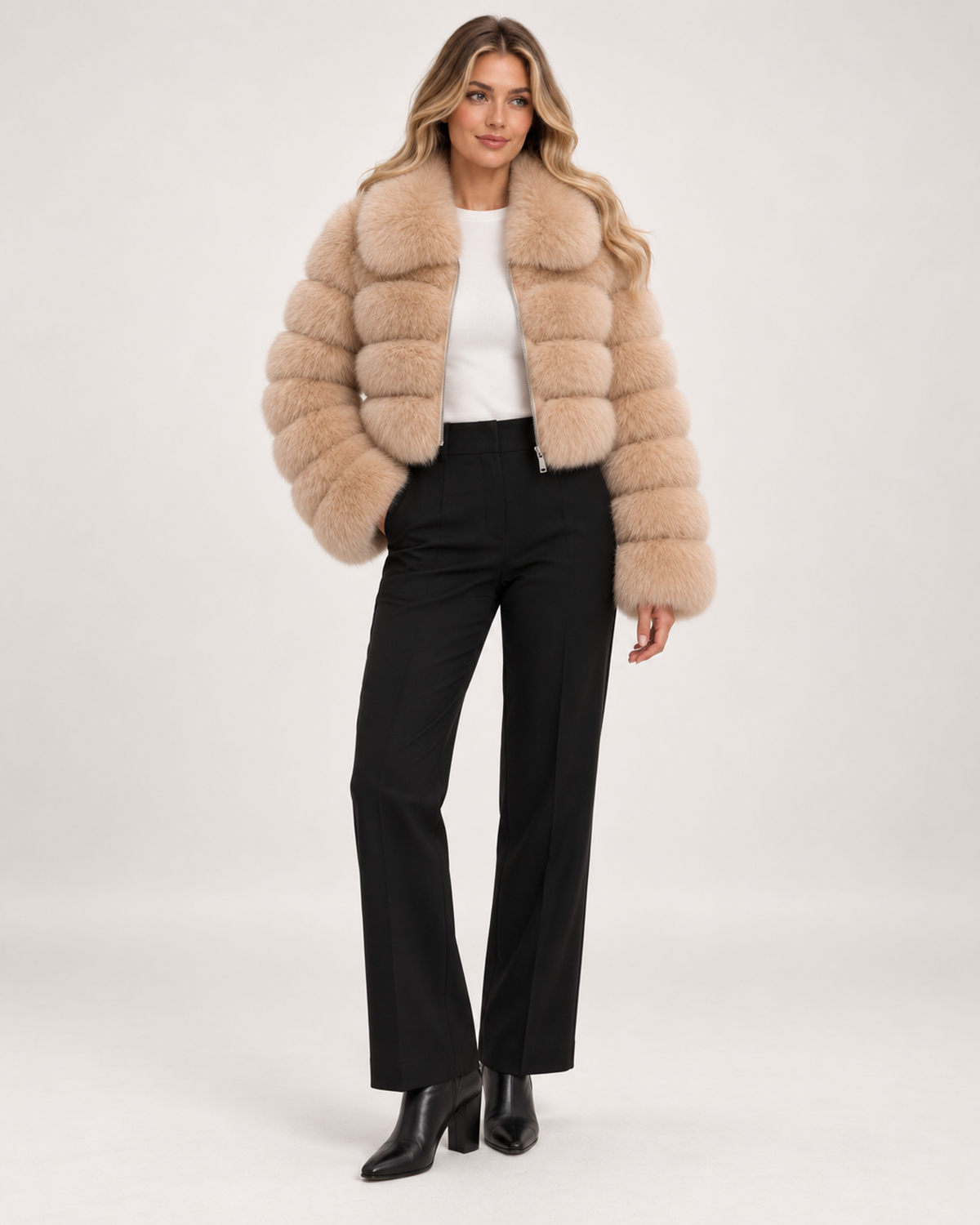 Women’s Faux Fur Jacket with Cropped Shape and Wide Collar in Beige, full body view
