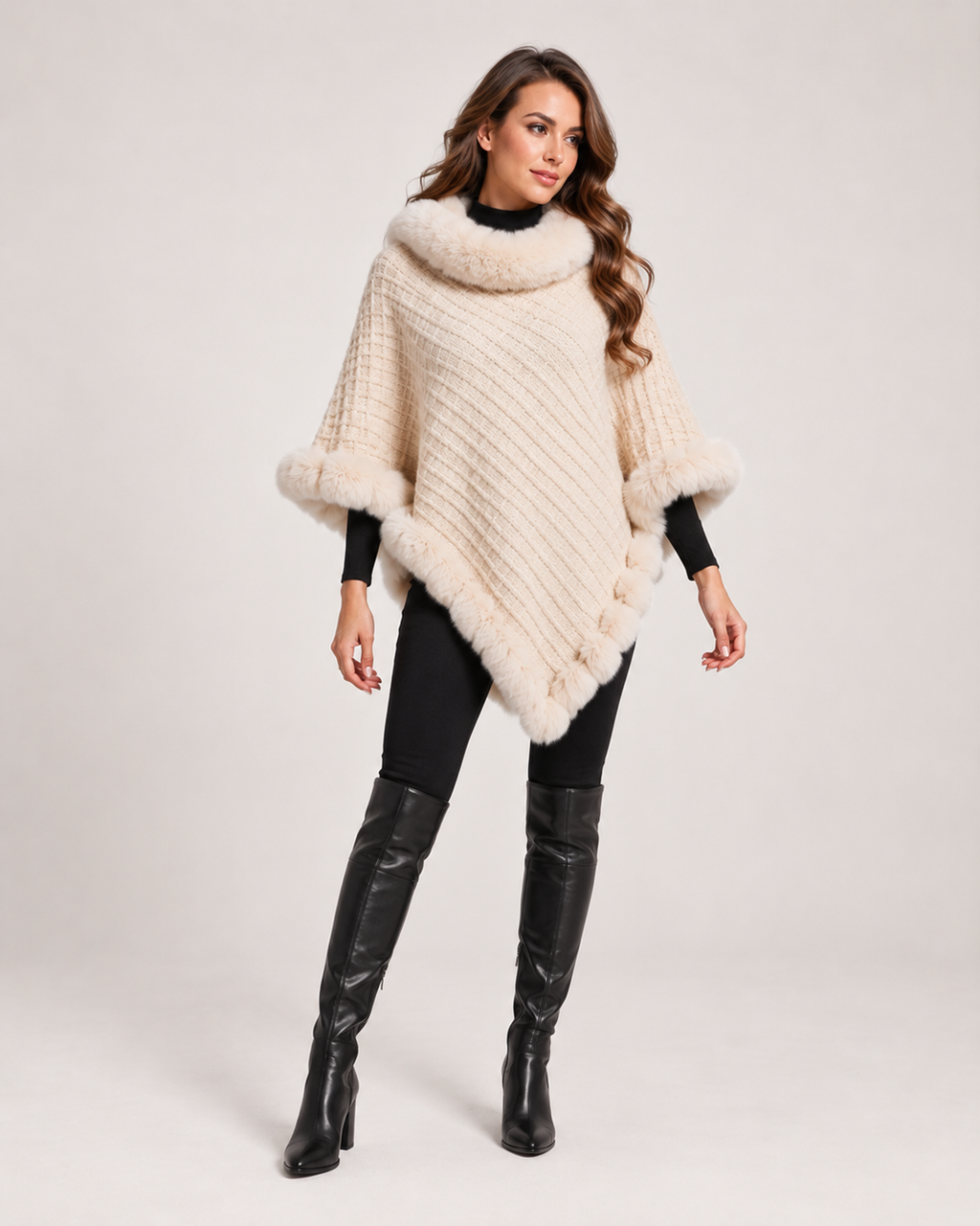 Women’s Cape Coat with Faux Fur Trim in Beige, full body view