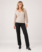 Women’s V Neck Jumper with Openwork Sleeves in Beige, full body view