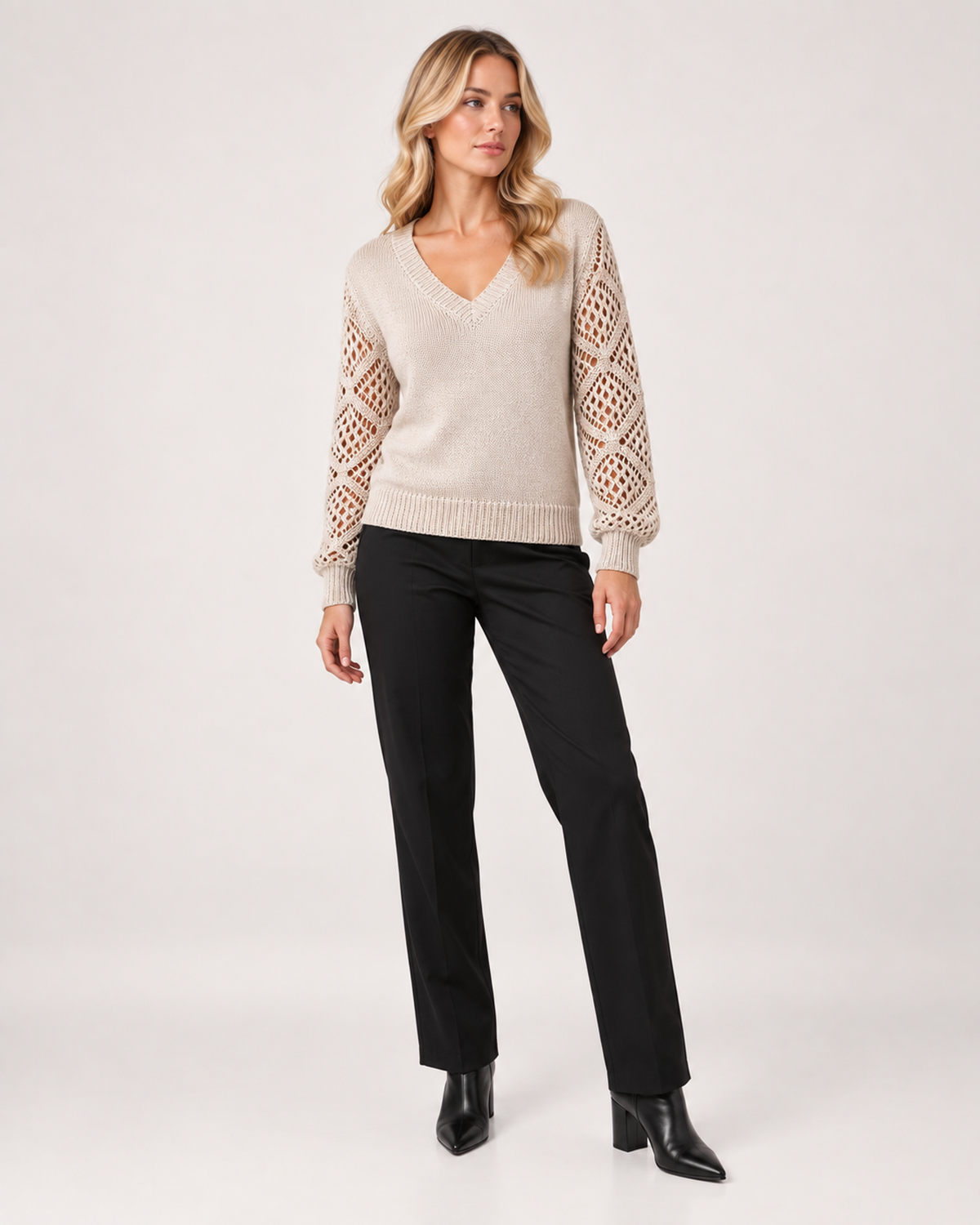 Women’s V Neck Jumper with Openwork Sleeves in Beige, full body view