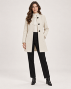 Women’s Mid Length Coat with Collarless Neck in Beige, full body view