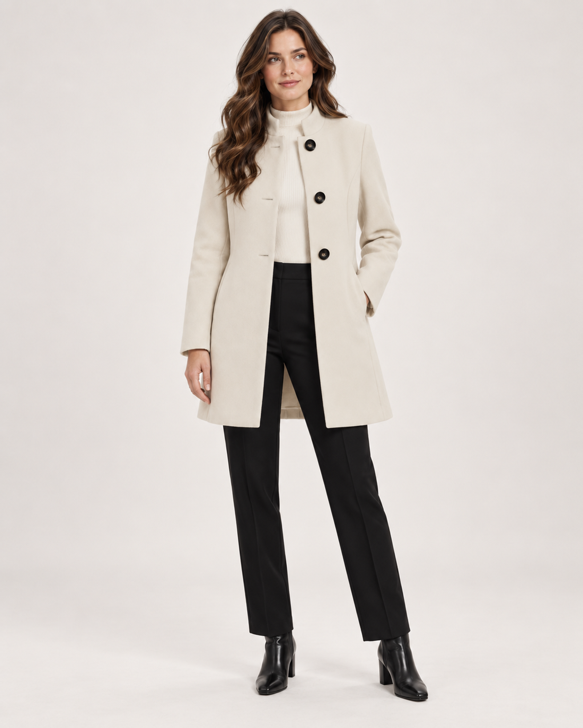 Women’s Mid Length Coat with Collarless Neck in Beige, full body view