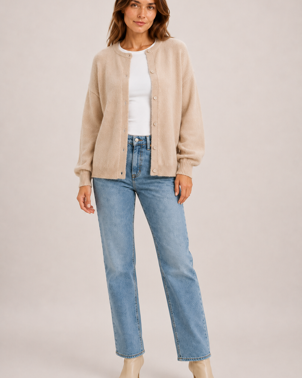 Women’s Balloon Sleeve Cardigan with Buttons in Beige, full body view