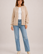 Women’s Balloon Sleeve Cardigan with Buttons in Beige, full body view