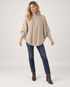 Women’s Cable Knit Jumper with High Neck and Batwing Sleeves in Beige, full body view