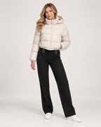 Women’s Puffer Jacket with Hood and Adjustable Hem in Beige, full body view