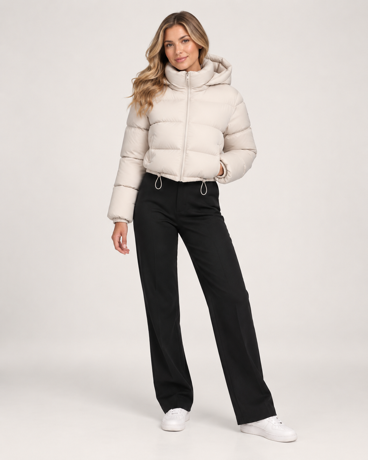 Women’s Puffer Jacket with Hood and Adjustable Hem in Beige, full body view