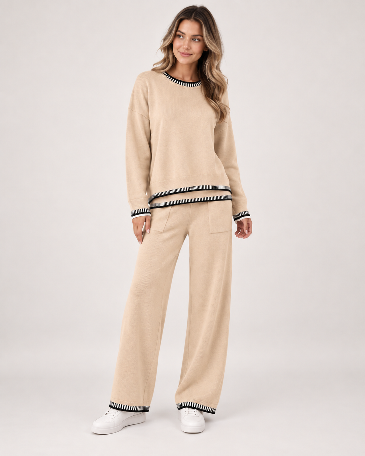 Women’s Co-Ord Set with Jumper and Wide Leg Trousers in Beige, full body view