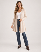 Women’s Longline Cardigan with Open Front in Beige, full body view